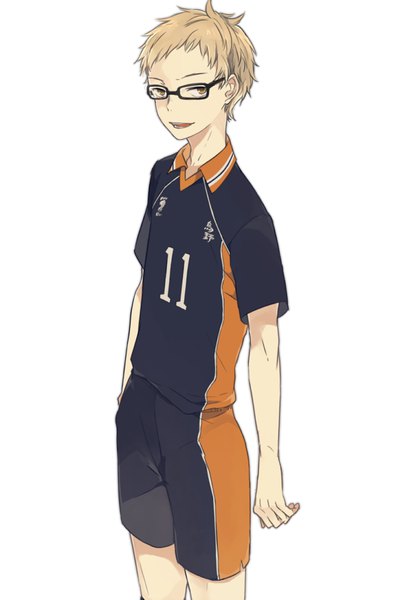 Anime picture 679x1000 with haikyuu!! production i.g tsukishima kei o-ishi single tall image looking at viewer short hair blonde hair simple background standing white background brown eyes boy uniform glasses gym uniform