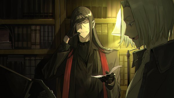 Anime picture 2048x1152 with fate (series) fate/grand order lord el-melloi ii case files waver velvet lord el-melloi ii melvin weins itefu long hair highres short hair open mouth black hair wide image silver hair indoors eyes closed profile multiple boys shadow sweatdrop
