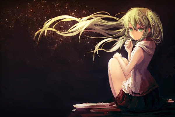Anime picture 1486x1000 with vocaloid hatsune miku zen33n single long hair looking at viewer fringe sitting twintails bare shoulders bent knee (knees) looking back aqua eyes wind from behind aqua hair bare legs shiny girl hood
