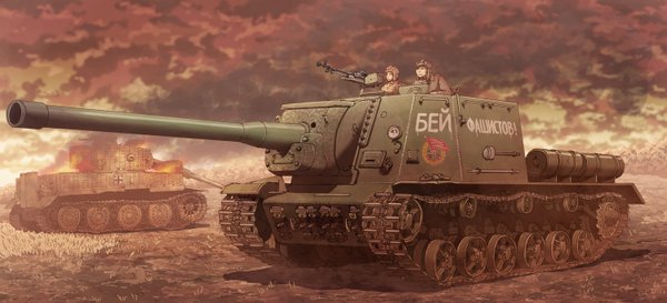 Anime picture 1500x683 with original earasensha wide image battle military russian war weapon gun fire caterpillar tracks