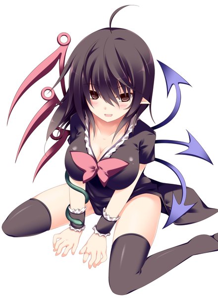 Anime picture 1408x1921 with touhou houjuu nue sakurame single tall image blush short hair open mouth light erotic black hair simple background white background sitting brown eyes ahoge pointy ears no shoes wariza girl thighhighs