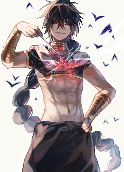 Anime picture 1620x2242 with magi the labyrinth of magic a-1 pictures judal tsugutoku single tall image looking at viewer fringe black hair smile hair between eyes red eyes white background braid (braids) very long hair midriff hand on hip single braid muscle abs