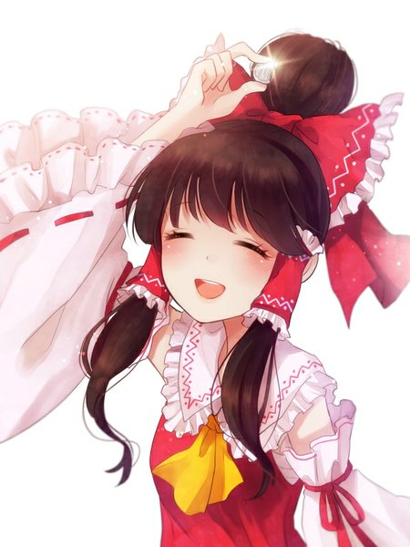 Anime picture 600x800 with touhou hakurei reimu nunucco single long hair tall image blush fringe open mouth simple background brown hair white background eyes closed hair bun (hair buns) alternate hairstyle hair up girl bow hair bow detached sleeves