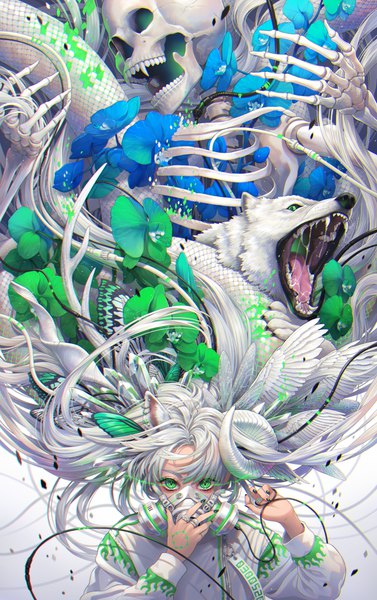 Anime picture 3074x4894 with original minami (minami373916) single tall image looking at viewer fringe highres simple background hair between eyes holding green eyes animal ears absurdres upper body white hair long sleeves very long hair nail polish horn (horns) fingernails