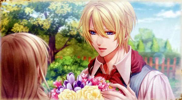 Anime picture 1500x831 with snow bound land idea factory kai (snow bound land) gerda (snow bound land) long hair fringe short hair open mouth blue eyes blonde hair brown hair wide image sky cloud (clouds) sunlight scan couple girl boy flower (flowers)