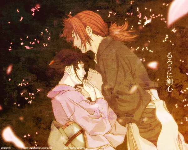 Anime picture 1280x1024 with rurouni kenshin himura kenshin kamiya kaoru long hair short hair brown hair payot ponytail red hair lying eyes closed traditional clothes japanese clothes inscription couple holding hands on side face to face girl boy