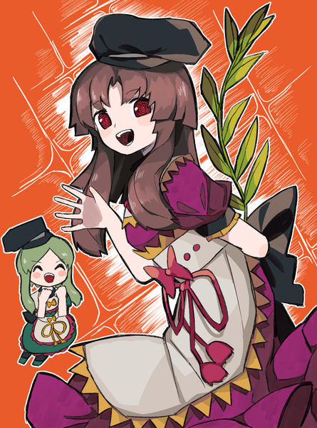 Anime picture 1806x2436 with touhou nishida satono teireida mai neruzou long hair tall image looking at viewer highres open mouth red eyes brown hair multiple girls eyes closed :d green hair puffy sleeves ^ ^ arm behind back ^o^ orange background