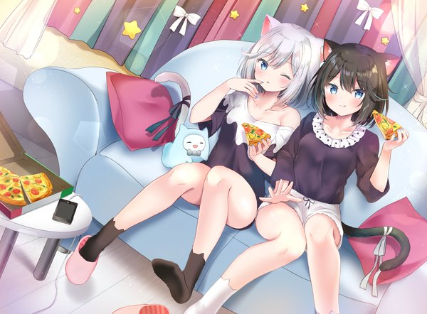 Anime picture 1703x1255 with original masayo (gin no ame) looking at viewer blush fringe highres short hair breasts blue eyes black hair smile hair between eyes multiple girls holding animal ears silver hair full body bent knee (knees) indoors tail