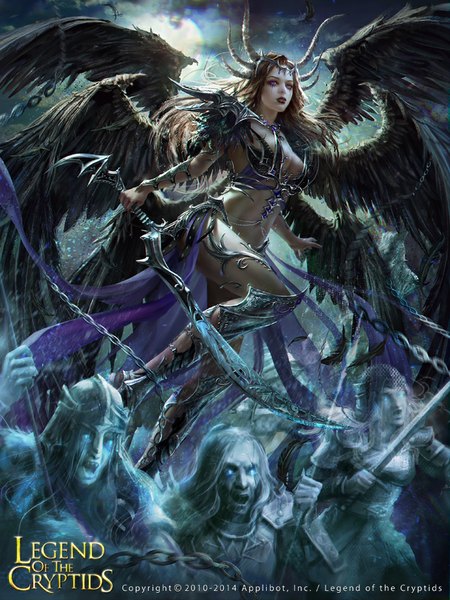 Anime picture 690x920 with legend of the cryptids amarie laura sava (anotherwanderer) long hair tall image looking at viewer breasts light erotic brown hair purple eyes holding parted lips horn (horns) wind lips bare belly legs lipstick glowing glowing eye (eyes)
