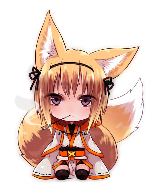Anime picture 2507x3000 with original ichibi (sukemyon) suke single tall image looking at viewer blush highres short hair blonde hair red eyes standing white background holding animal ears tail animal tail fox ears shiny skin mouth hold