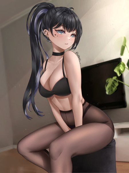 Anime picture 1440x1920 with original wonnikon single long hair tall image looking at viewer blush fringe breasts blue eyes light erotic large breasts sitting signed ahoge bent knee (knees) ponytail indoors blunt bangs multicolored hair