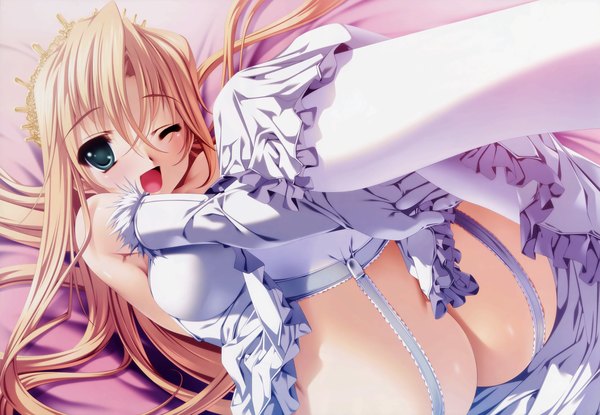 Anime picture 6026x4176 with senomoto hisashi long hair highres light erotic blonde hair ass one eye closed wink thighhighs bed
