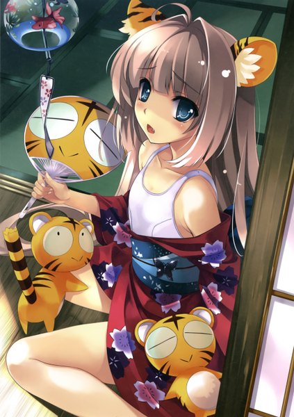 Anime picture 1904x2700 with misaki kurehito long hair tall image highres open mouth blue eyes bare shoulders animal ears ahoge japanese clothes grey hair girl animal kimono
