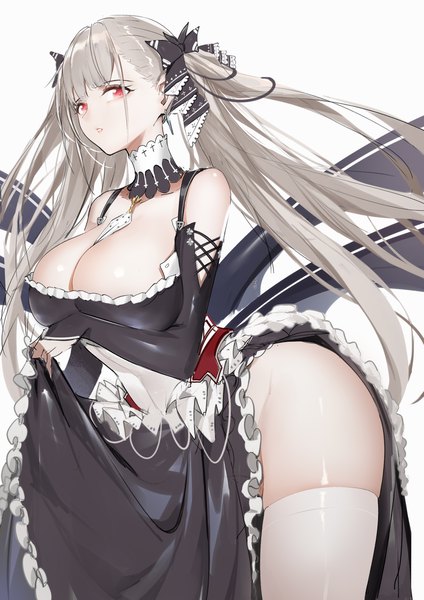 Anime picture 1653x2339 with azur lane formidable (azur lane) horz single long hair tall image looking at viewer blush breasts light erotic simple background red eyes large breasts standing white background twintails bare shoulders payot cleavage parted lips