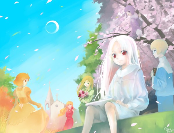 Anime picture 1680x1280 with pixiv sound horizon elysion elice (sound horizon) yield soror stardust baroque coralstone long hair short hair open mouth blonde hair red eyes sitting multiple girls green eyes sky purple hair white hair