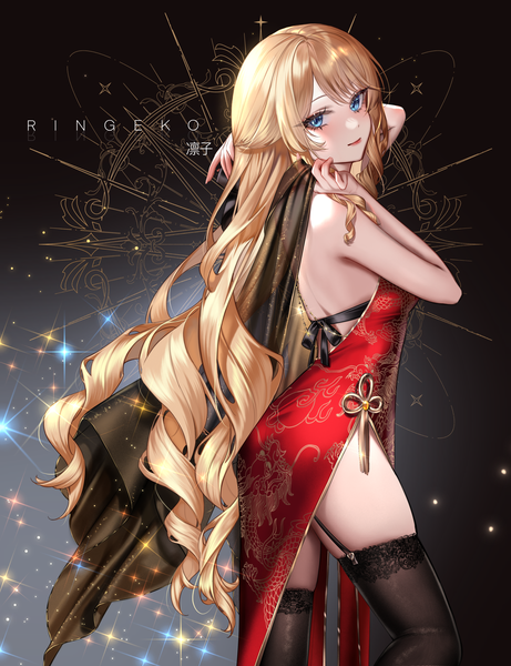 Anime picture 3275x4263 with genshin impact navia (genshin impact) ringeko-chan single long hair tall image looking at viewer fringe highres blue eyes light erotic simple background blonde hair standing signed absurdres traditional clothes light smile arms up sparkle