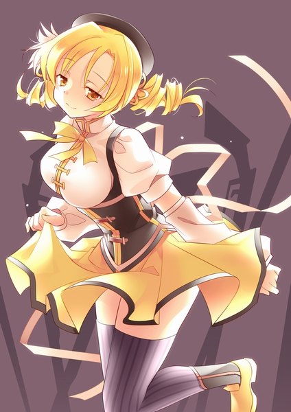 Anime picture 744x1052 with mahou shoujo madoka magica shaft (studio) tomoe mami rie (reverie) single long hair tall image blush blonde hair yellow eyes bent knee (knees) drill hair brown background girl thighhighs dress beret striped thighhighs