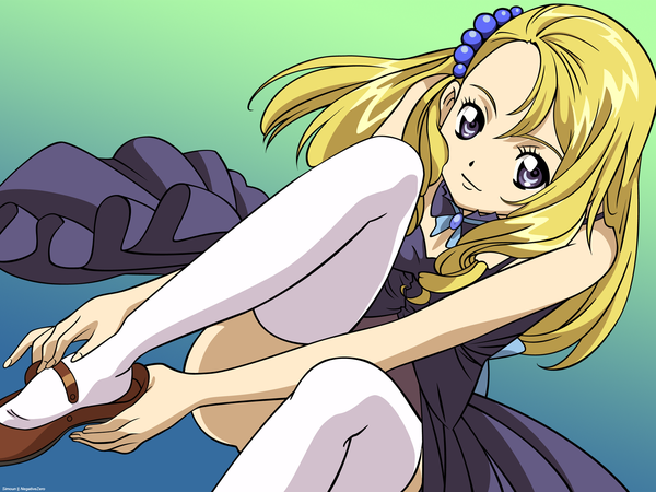 Anime picture 1600x1200 with simoun yun (simoun) long hair light erotic blonde hair gradient background girl thighhighs hair ornament