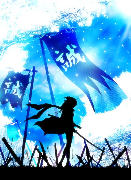 Anime picture 2374x3259 with fate (series) fate/grand order okita souji (fate) (all) harada miyuki single tall image highres short hair standing sky full body ahoge wind sunlight hieroglyph silhouette polychromatic girl weapon plant (plants)