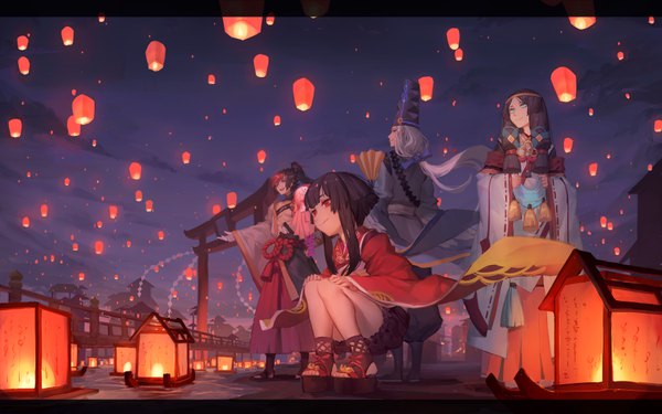 Anime picture 7000x4375 with onmyoji kagura (onmyoji) abe no seimei (onmyoji) yaobikuni (onmyoji) minamoto no hiromasa gods long hair fringe highres short hair open mouth blue eyes black hair red eyes standing multiple girls payot looking away absurdres silver hair