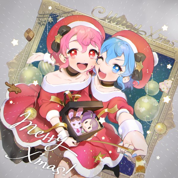 Anime picture 2039x2039 with puri para pretty (series) leona west dorothy west toudou shion o4ritarou highres short hair open mouth blue eyes red eyes blue hair pink hair nail polish :d one eye closed christmas ;d siblings twins