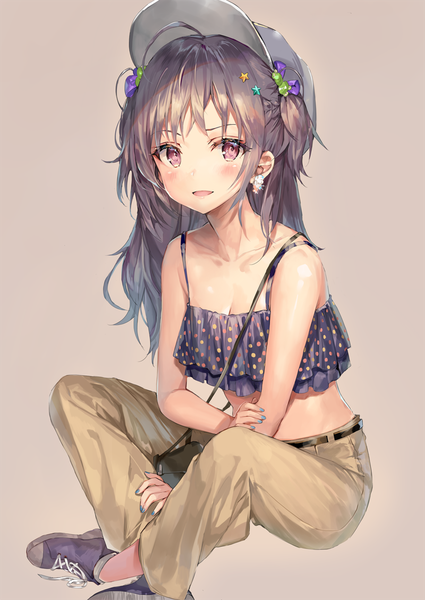 Anime picture 800x1130 with original momoko (momopoco) single long hair tall image looking at viewer blush fringe breasts open mouth simple background brown hair sitting purple eyes cleavage full body ahoge braid (braids) nail polish two side up
