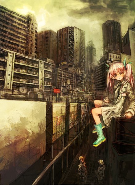 Anime picture 1100x1506 with original lm7 (op-center) long hair tall image smile sitting twintails yellow eyes pink hair city cityscape girl boots people construction
