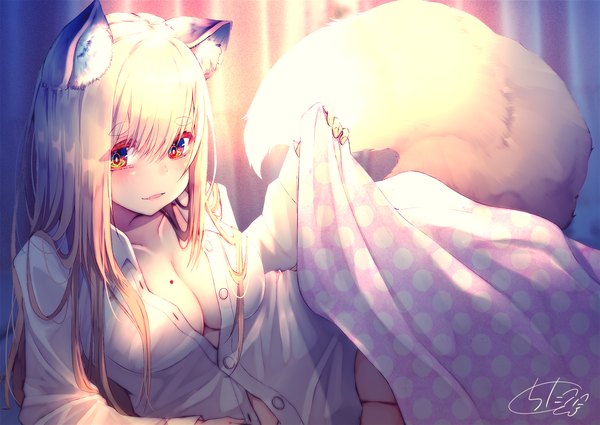 Anime picture 2000x1417 with original chita (ketchup) single long hair looking at viewer blush fringe highres open mouth light erotic hair between eyes red eyes signed animal ears payot silver hair indoors tail animal tail mole
