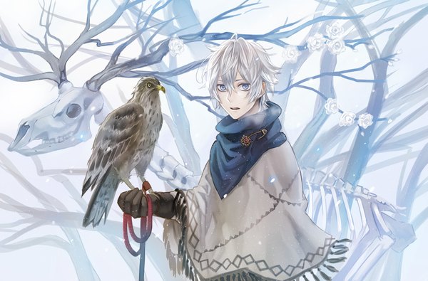 Anime picture 1771x1168 with original kirinosuke single looking at viewer highres short hair blue eyes silver hair parted lips snowing winter steam bare tree skeleton bird on hand boy gloves flower (flowers) plant (plants) animal