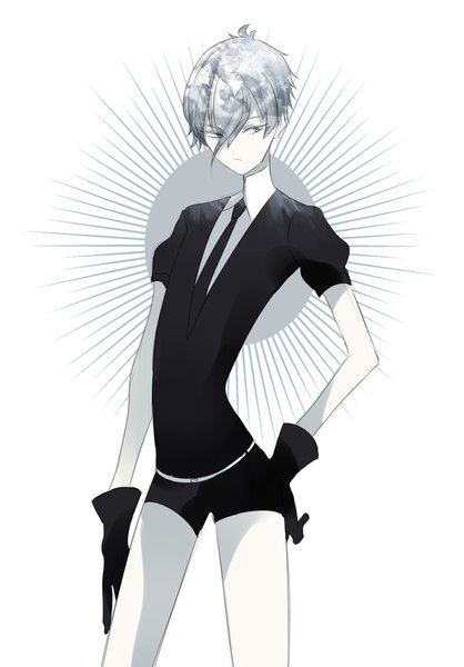 Anime picture 1548x2220 with houseki no kuni antarcticite kayanogura single tall image fringe blue eyes hair between eyes standing white background looking away silver hair puffy sleeves hand on hip androgynous gloves uniform black gloves necktie