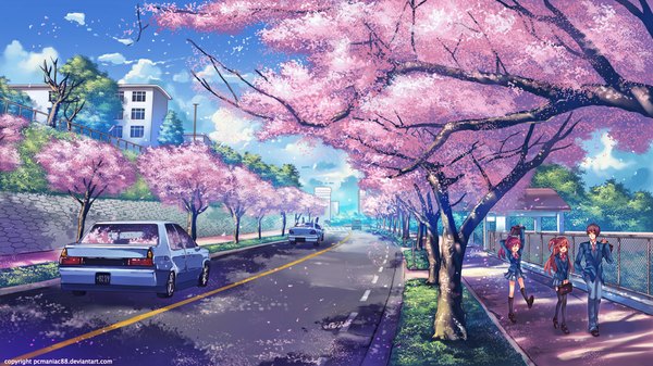 Anime picture 1100x618 with peach88 long hair short hair open mouth smile red eyes brown hair wide image brown eyes pink hair sky cloud (clouds) ponytail eyes closed pleated skirt cherry blossoms hand in pocket girl thighhighs boy