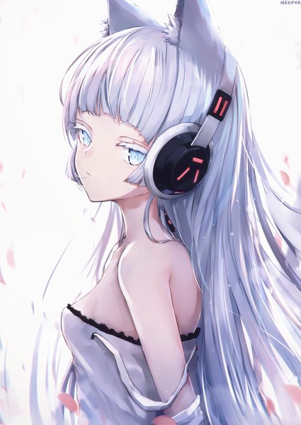 Anime picture 956x1351 with girls frontline original awp (girls frontline) (nekoya (liu)) nekoya (liu) single long hair tall image looking at viewer fringe breasts blue eyes simple background white background bare shoulders signed animal ears payot silver hair upper body head tilt