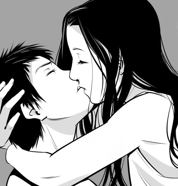 Anime picture 1429x1500 with original hino kahoru long hair tall image short hair eyes closed profile couple hug monochrome kiss girl boy