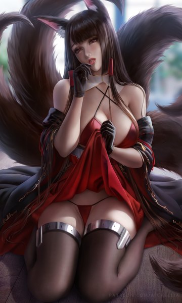 Anime picture 3900x6500 with azur lane akagi (azur lane) wickellia single long hair tall image looking at viewer blush fringe highres breasts light erotic brown hair large breasts sitting bare shoulders signed animal ears absurdres cleavage