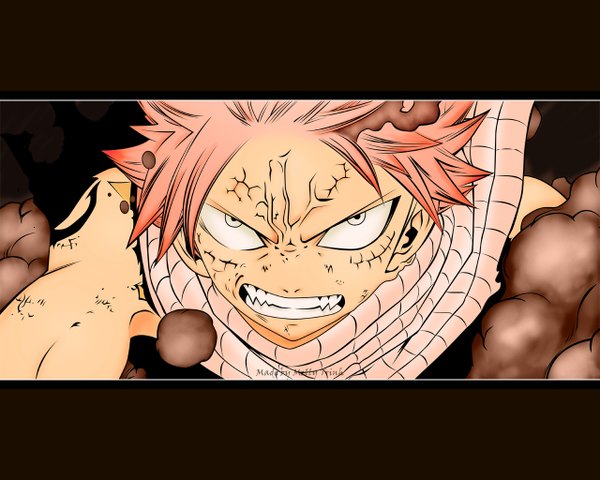 Anime picture 1280x1024 with fairy tail natsu dragneel single looking at viewer short hair smile pink hair upper body teeth grin smoke muscle fighting stance serious angry white eyes manga vein (veins) boy scarf