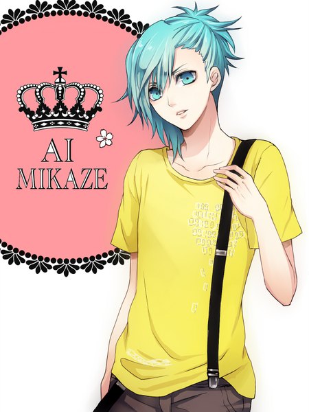 Anime picture 600x800 with uta no prince-sama a-1 pictures mikaze ai yamaneko514 single tall image short hair standing white background upper body aqua eyes aqua hair character names boy t-shirt suspenders