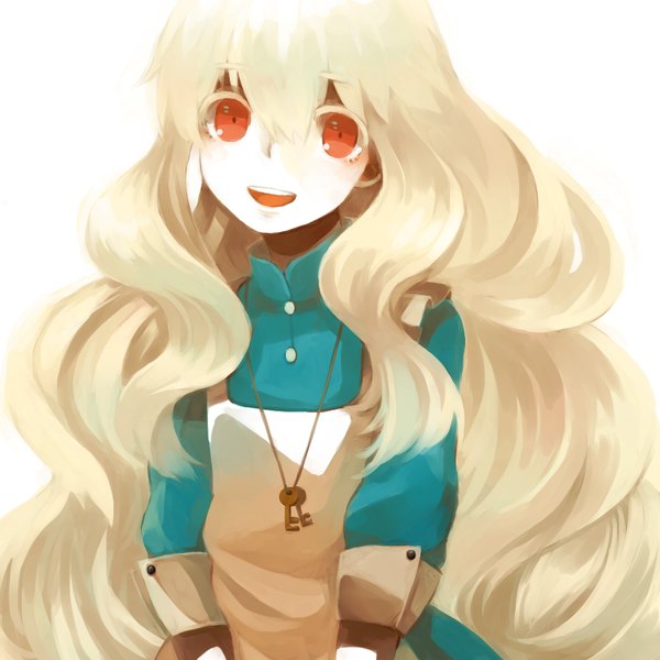 Anime picture 1000x1000 with kagerou project shaft (studio) pixiv mary (kagerou project) lemontea single long hair looking at viewer fringe simple background blonde hair smile red eyes white background white hair albino girl dress pendant apron