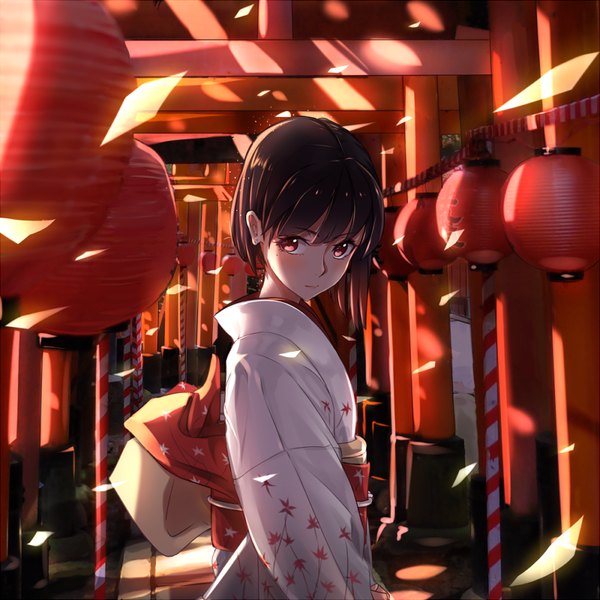 Anime picture 800x800 with original phantania single blush fringe short hair breasts black hair red eyes large breasts standing looking away outdoors traditional clothes japanese clothes wind mole mole under eye girl earrings