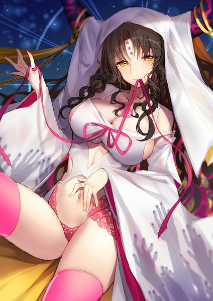 Anime picture 800x1131 with fate (series) fate/extra fate/extra ccc sesshouin kiara bison cangshu single long hair tall image looking at viewer blush fringe breasts light erotic black hair smile hair between eyes sitting bare shoulders holding yellow eyes