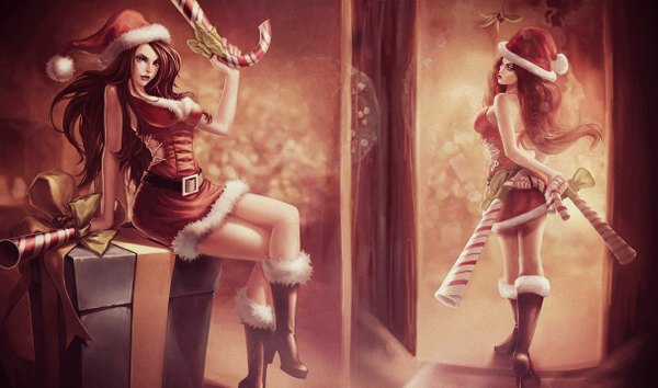 Anime picture 1215x717 with league of legends miss fortune (league of legends) single long hair looking at viewer breasts wide image large breasts red hair fur trim crossed legs christmas girl shoes boots gun fur gift santa claus hat santa claus costume