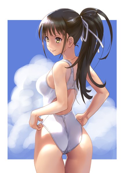 Anime picture 850x1200 with original katahira masashi single long hair tall image fringe breasts light erotic black hair smile standing brown eyes looking away sky cloud (clouds) ass ponytail thigh gap border swimsuit pull
