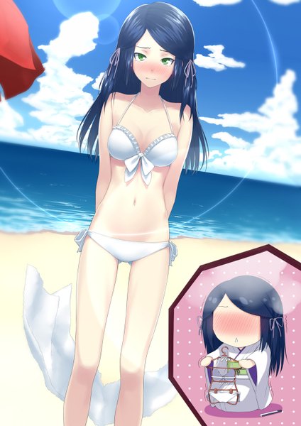 Anime picture 1000x1414 with b.a.d. minase shirayuki juu ho single long hair tall image looking at viewer blush light erotic black hair sitting bare shoulders green eyes sky cloud (clouds) traditional clothes japanese clothes beach seiza girl