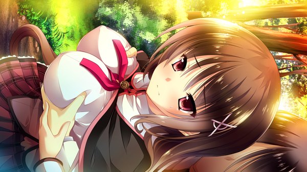 Anime picture 1920x1080 with ojousama wa gokigen naname ichimine touka long hair blush highres breasts light erotic red eyes brown hair wide image large breasts game cg breast grab girl boy