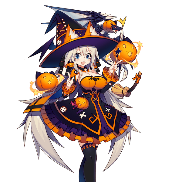 Anime picture 1024x1024 with uchi no hime-sama ga ichiban kawaii astaroth (uchi no hime-sama) mamuru single looking at viewer breasts open mouth blue eyes blonde hair large breasts animal ears cleavage very long hair fake animal ears halloween transparent background witch girl thighhighs black thighhighs