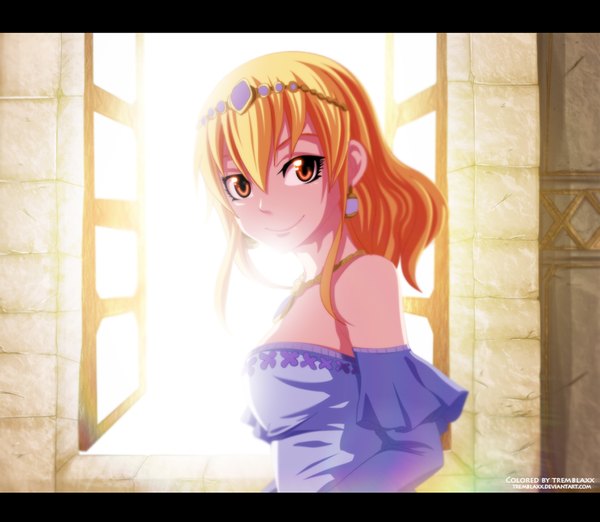 Anime picture 1040x905 with fairy tail hisui e. fiore tremblax single long hair blonde hair smile bare shoulders brown eyes sunlight coloring letterboxed girl dress earrings window jewelry