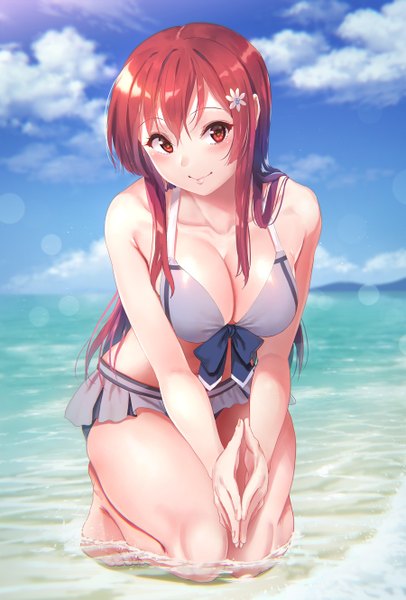 Anime picture 900x1330 with 22/7 a-1 pictures satou reika kichiroku single long hair tall image looking at viewer blush fringe breasts light erotic smile hair between eyes red eyes large breasts bare shoulders sky cleavage cloud (clouds)