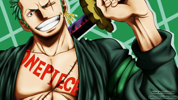 Anime-Bild 1024x576 mit one piece toei animation roronoa zoro sined-style (artist) single short hair simple background smile wide image upper body long sleeves one eye closed green hair wink black eyes inscription grin coloring scar muscle