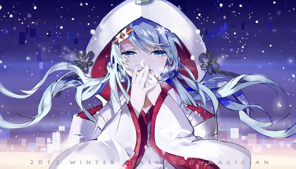 Anime picture 1200x687 with vocaloid hatsune miku yuki miku yuki miku (2013) star shadow magician single long hair looking at viewer blush fringe open mouth blue eyes wide image twintails blue hair traditional clothes japanese clothes wind inscription tears