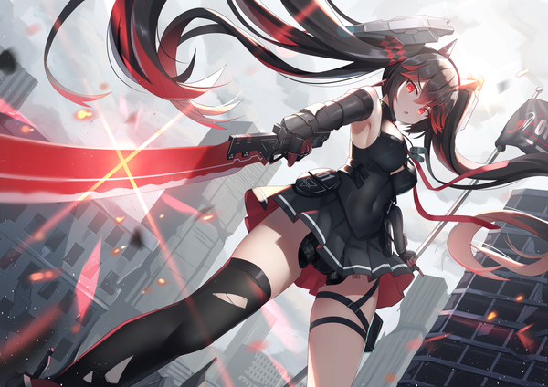 Anime picture 2339x1654 with punishing: gray raven alpha (punishing: gray raven) f (milfaaaaa) single long hair looking at viewer fringe highres breasts open mouth black hair hair between eyes red eyes large breasts standing twintails holding payot outdoors multicolored hair