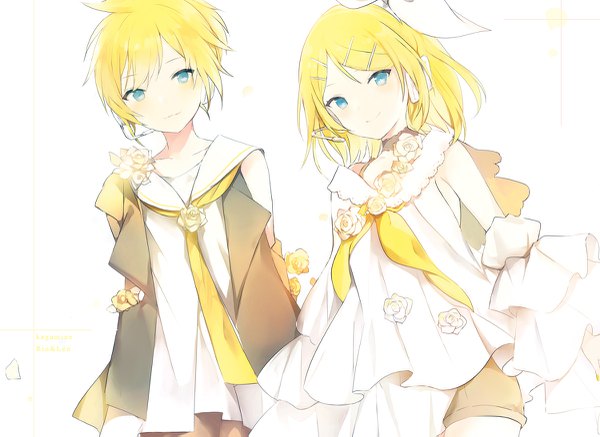 イラスト 1200x875 と ボーカロイド 鏡音リン 鏡音レン lpip カメラ目線 赤面 前髪 短い髪 青い目 simple background 金髪 笑顔 立つ 白背景 head tilt siblings twins セーラー襟 brother and sister 女の子